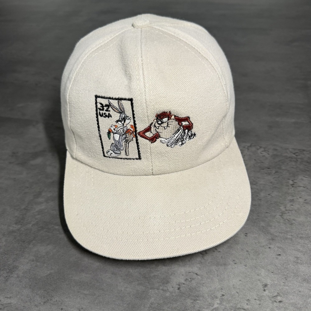 Vintage Looney Tunes Snapback Hat Gray Beige Tan Taz Bugs Bunny Stamp Trucker